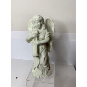 Angel Horn Cherub White Gold Trim Porcelain Christmas Figurine 8” Vintage